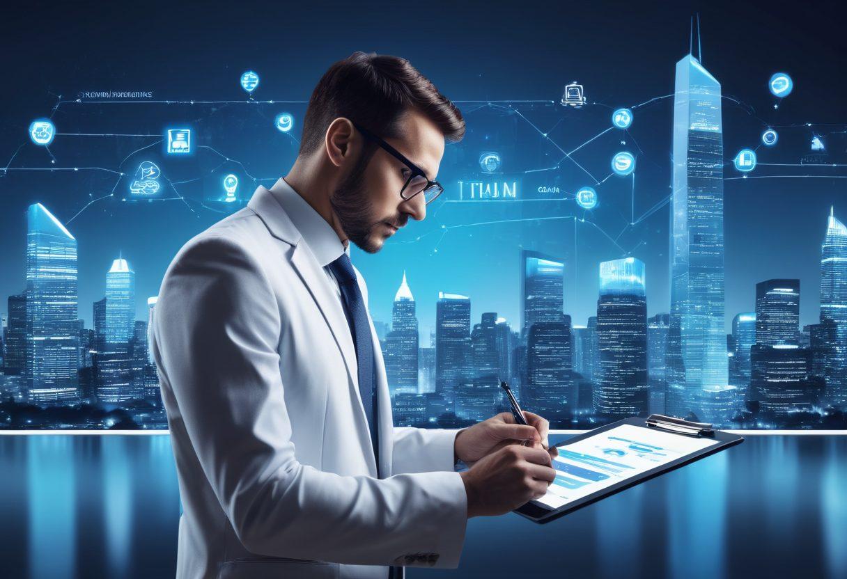 An expert guide holding a clipboard filled with quotes about digital insurance, standing in front of a futuristic digital interface displaying different insurance services. Include icons of claims, policies, and e-documents floating around, with a city skyline in the background symbolizing innovation. The scene should exude a sense of trust and professionalism, with a blue and white color palette to reflect the digital theme. super-realistic. vibrant colors. 3D.