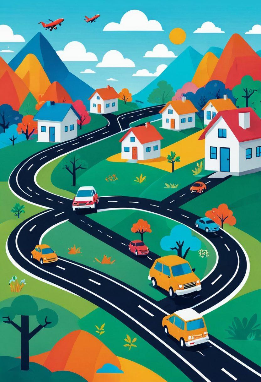 A digital landscape featuring a friendly guide character standing at a forked road, symbolizing different online insurance options, with colorful policy documents fluttering around. The background should include abstract representations of various insurance symbols like houses, cars, and health icons, creating a sense of journey and exploration. The overall tone should be approachable and informative, inviting users to navigate their choices. flat design. bright colors. engaging visuals.